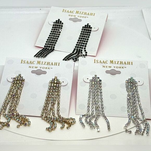 ISAAC MIZRAHI Silver Tone Black Crystal Dangling Post  Earrings - Picture 5 of 7
